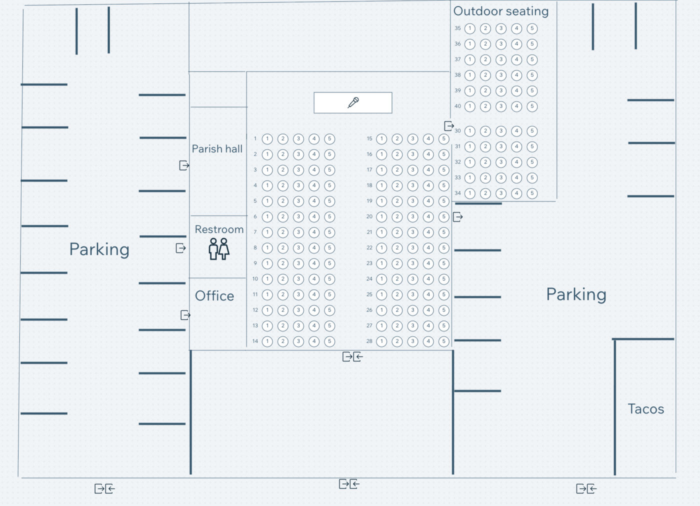 Sanctuary layout: parking, parish hall, office and seating